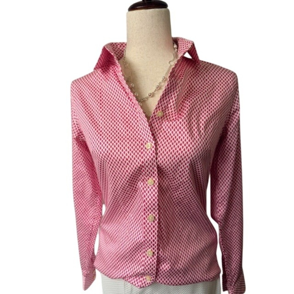 Banana‎ Republic Pink White Blouse Geometric Print Button Up Size 4